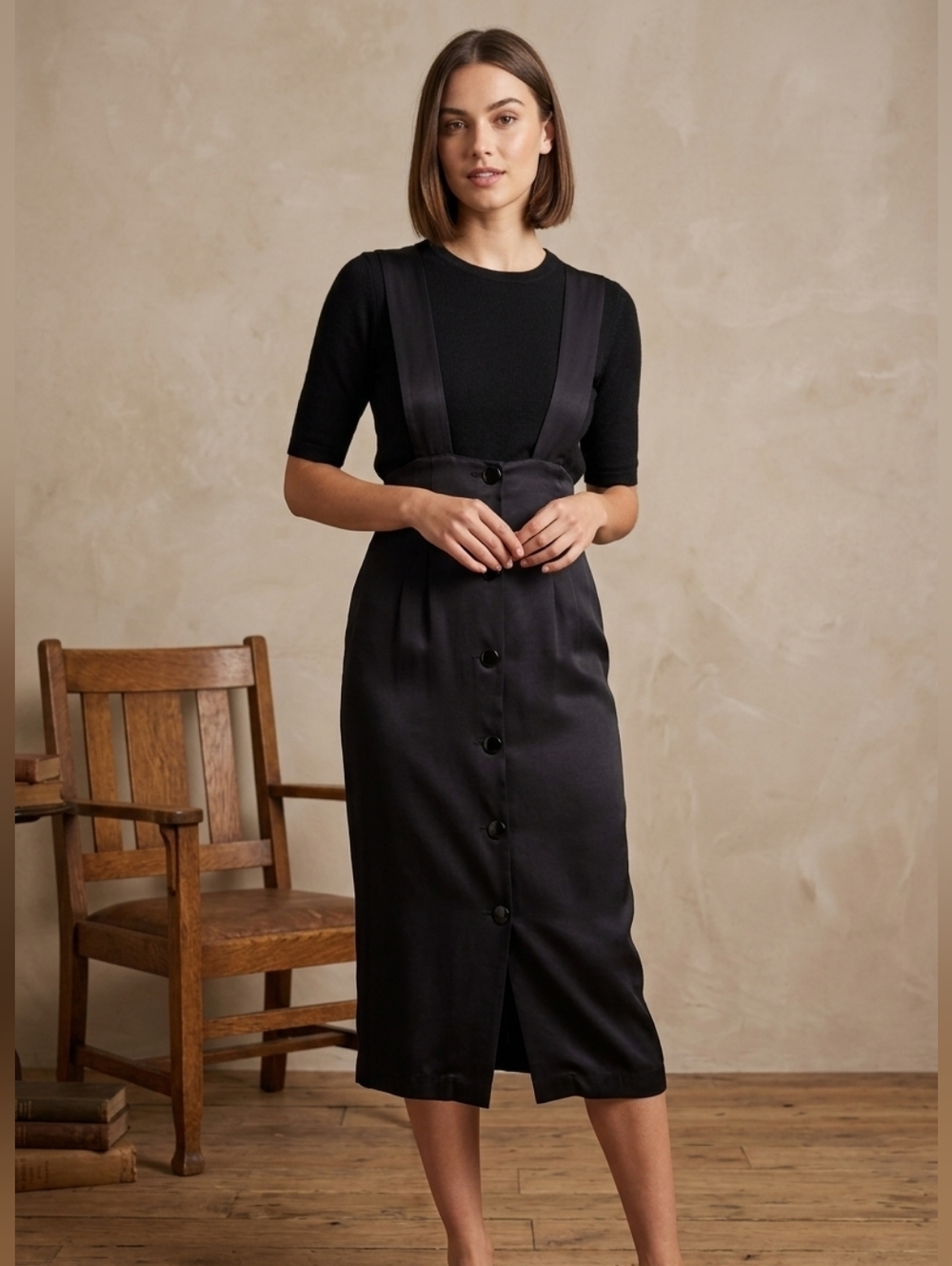 Blondie and Me Vintage Black Button Front Suspender Skirt Size 5 S Whimsigoth